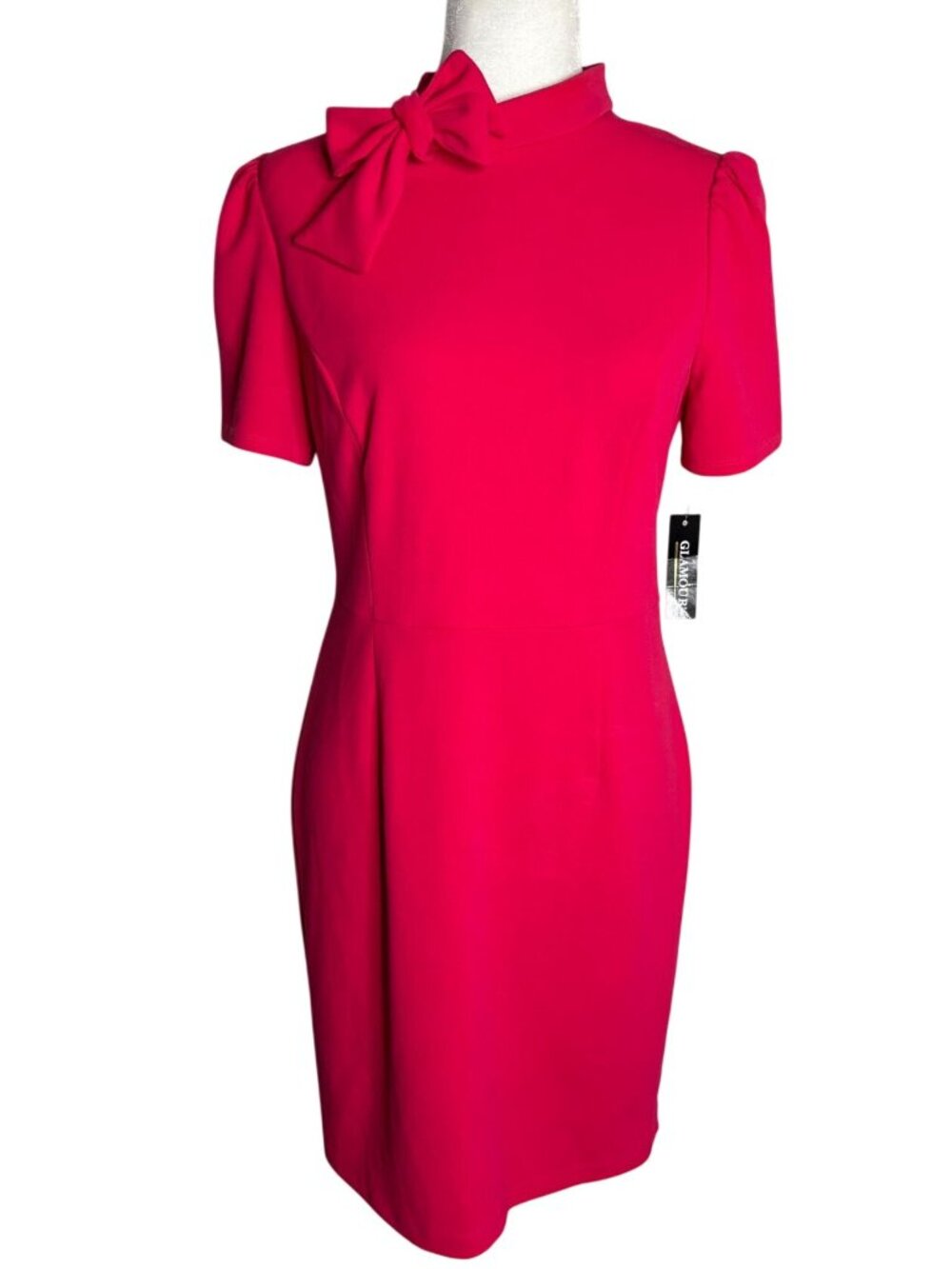 Glamour Bow Neck Short Sleeve Shift Dress Size 6 Hot Pink Zipper Stretch NEW